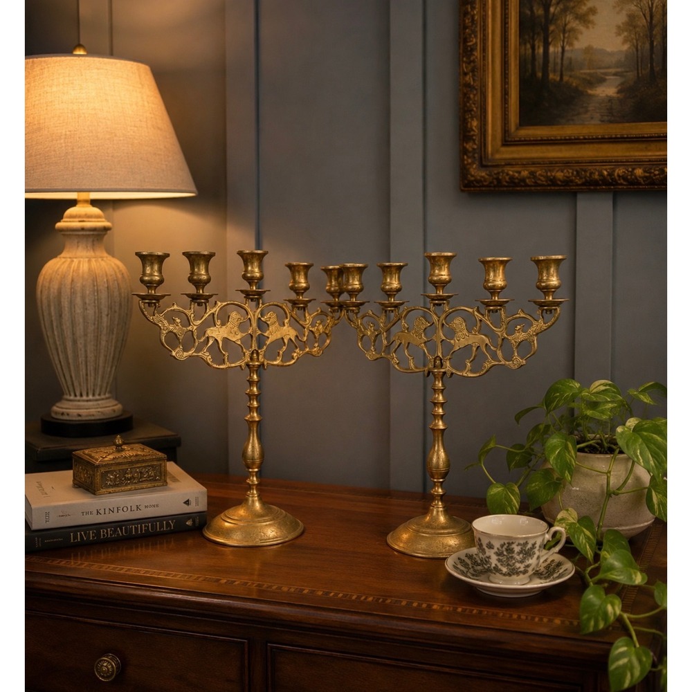 Vintage‎ Brass Lion of Judah Candelabra Pair 5 Arm Shabbat Heavy Judaica Large